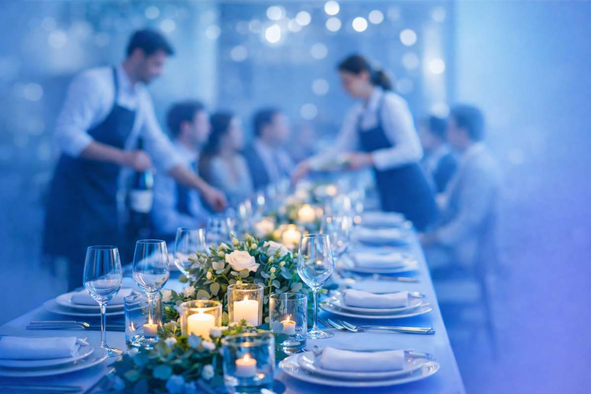 Servicekräfte an einer festlich eingedeckten Eventtafel